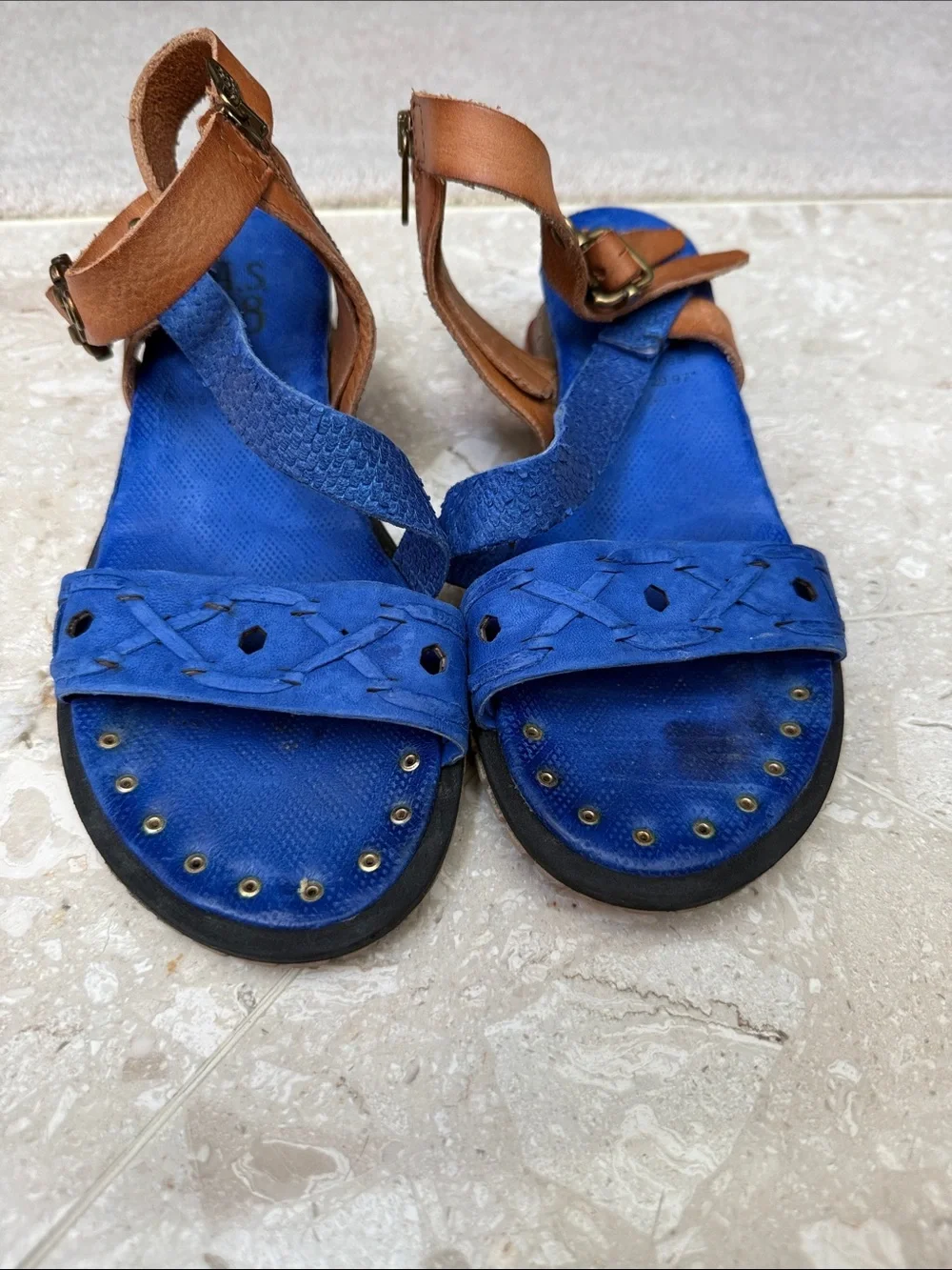 A.S.98 Blue Gladiator Strappy Ankle Buckle Zippered Wedge Sandals Studs Sz 40